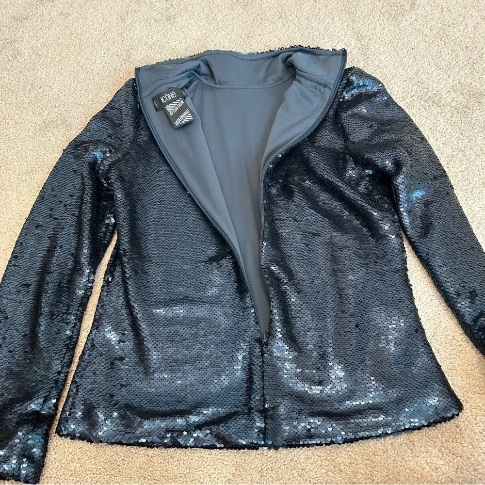Simons Icone Matte blue Sequin high neck long sleeve top Sz S
